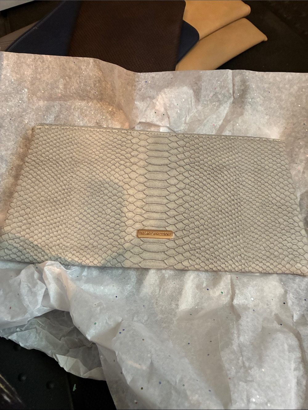 Michael Kors Taupe Python-Embossed Foldover Clutch with Gold Plaque